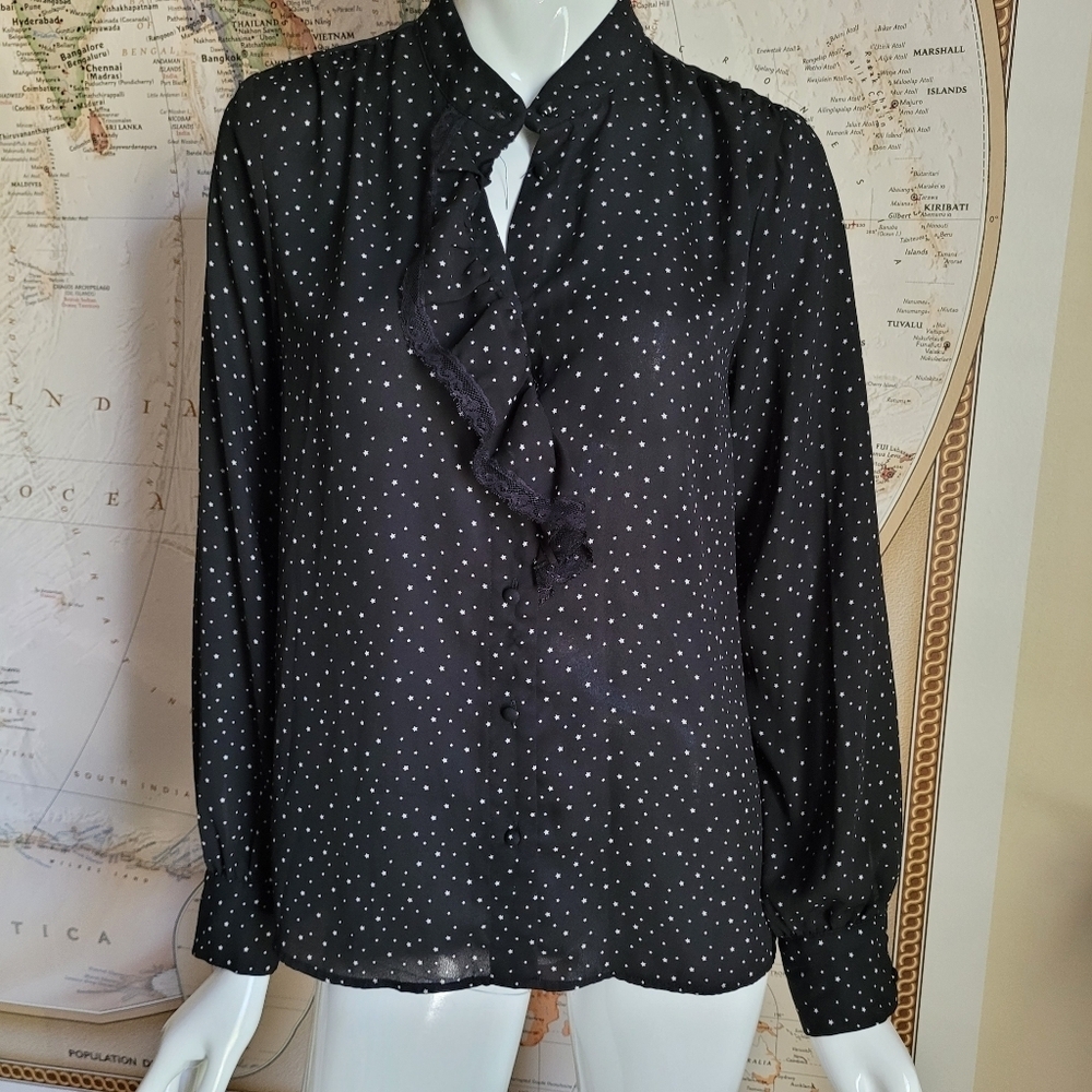 Who What Wear black long sleeve blouse white stars ruffle lace front button up M